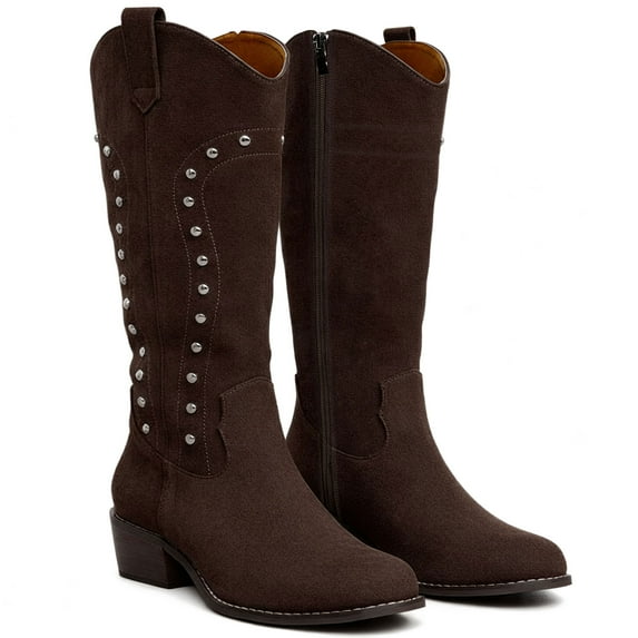 Ecetana Cowboy Boots for Women Western Booties Wide Calf Rivet Chunky Heel Boots