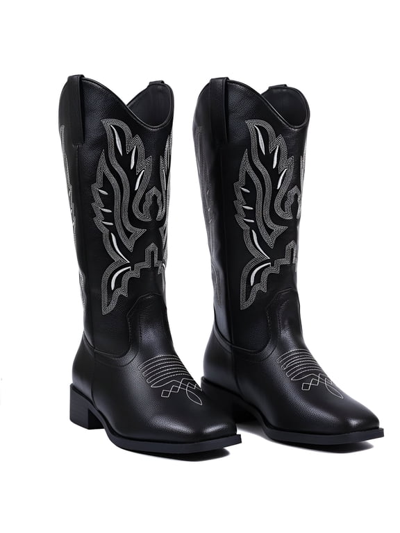 Cowboy Boots for Women Wide Calf Square Toe Embroidered Western Cowgirl Boots