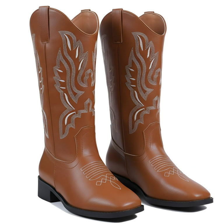 Ecetana Cowboy Boots for Women Wide Calf Square Toe Embroidered