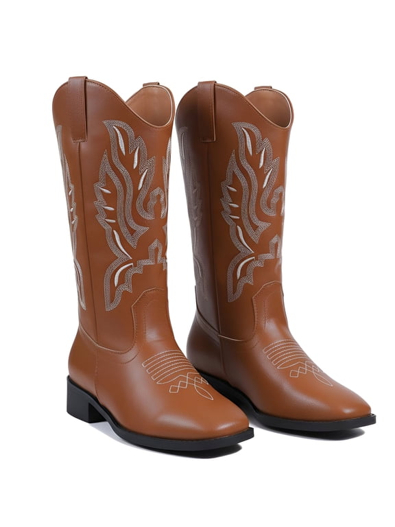 Cowboy Boots for Women Wide Calf Square Toe Embroidered Western Cowgirl Boots