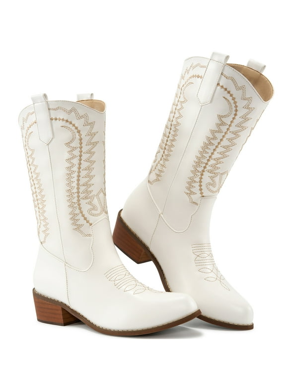 Cowboy Boots for Womens Chunky Heel Wide Calf Western Cowgirl Boots