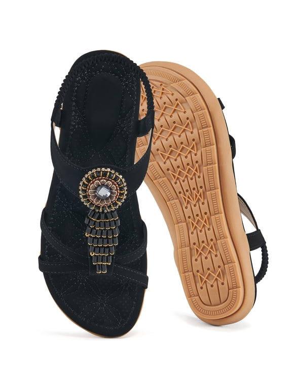 Flat Sandals for Women Dressy Bohemian Sandals Comfort Elastic Strap Summer Beach Sandals