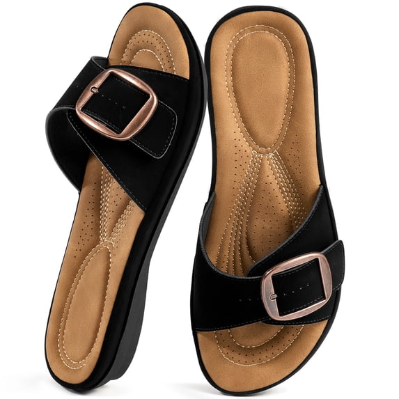 Ecetana Flat Sandals for Women Slip On Leather Slide Sandals Open Toe Beach Sandals for Summer