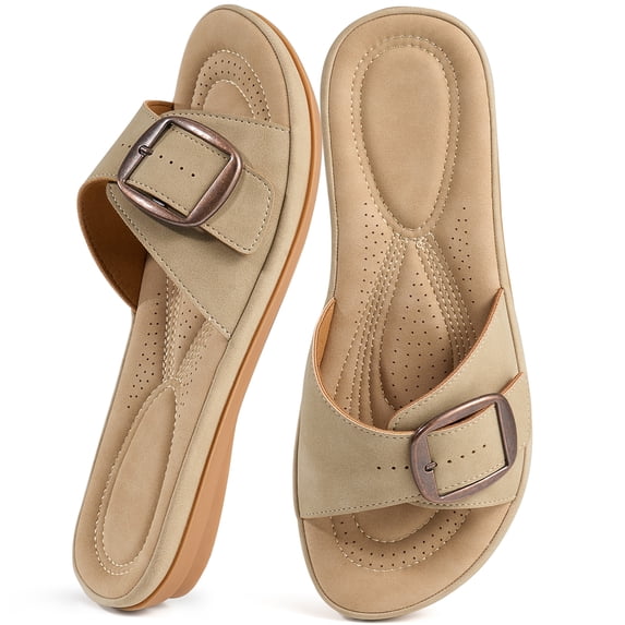 Ecetana Flat Sandals for Women Slip On Leather Slide Sandals Open Toe Beach Sandals for Summer