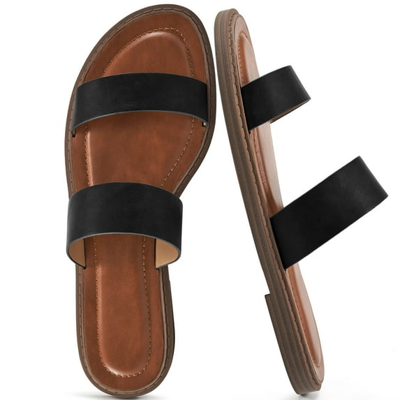 Ecetana Flats Sandals for Women Slip On Leather Slide Sandals Comfort Outdoor Beach Shoes Sandals