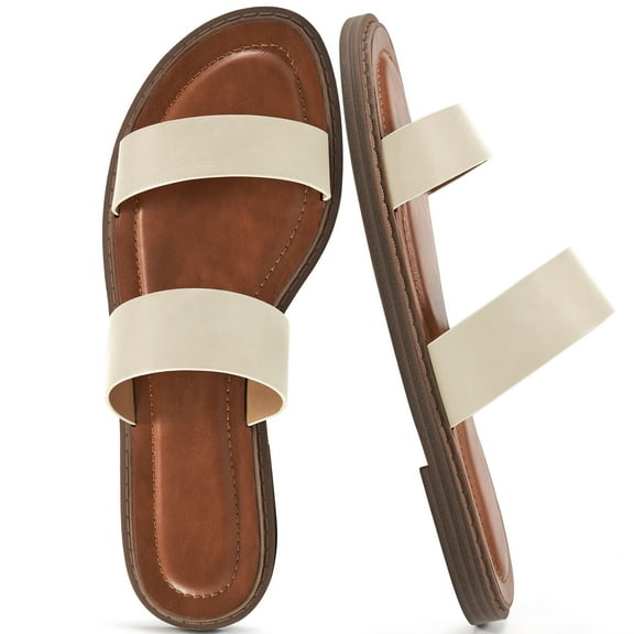 Ecetana Flats Sandals for Women Slip On Leather Slide Sandals Comfort Outdoor Beach Shoes Sandals