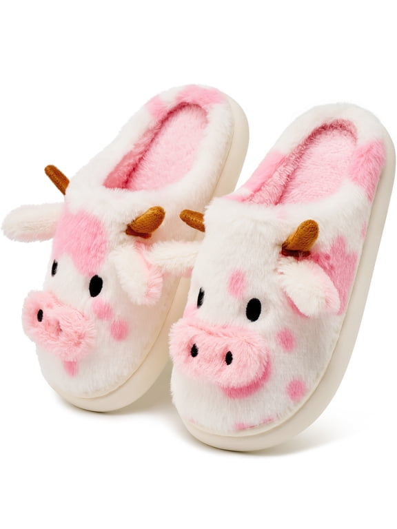 Fuzzy Slippers for Women Cute Cow House Slippers Non-Slip Home Shoes with Memory Foam