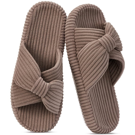 Ecetana House Slippers for Women Corduroy Cross Band Memory Foam Slippers Open Toe Non-Slip Home Shoes