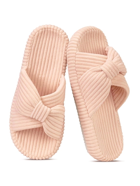 House Slippers for Women Corduroy Cross Band Memory Foam Slippers Open Toe Non-Slip Home Shoes