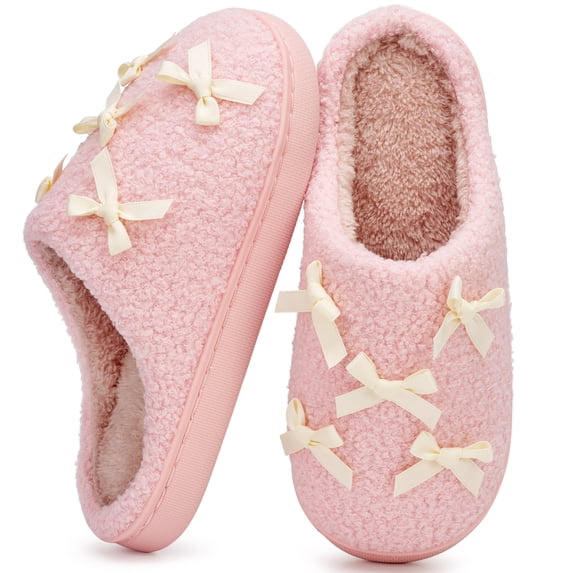 Ecetana Women's Slippers Fuzzy Bow Plush Warm Indoor Cozy House Shoes Non-Slip Memory Foam