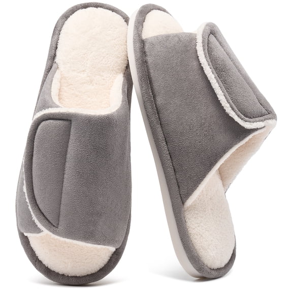 Ecetana Men's Fuzzy Slippers Open Toe Adjustable Memory Foam Plush Lined Indoor House Shoes