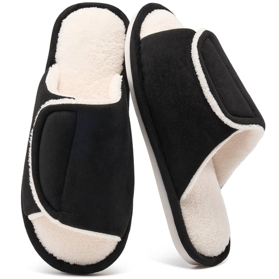 Ecetana Men's Fuzzy Slippers Open Toe Adjustable Memory Foam Plush Lined Indoor House Shoes