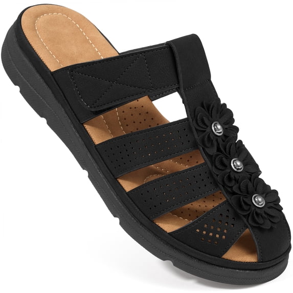 Ecetana Sandals for Women Closed Toe Flat Slide Sandals Hook Loop