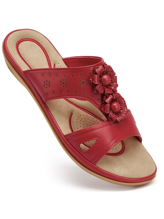 Sandals for Women Flat Shoes Slip On Dressy Summer Comfortable Flower Slides Sandals