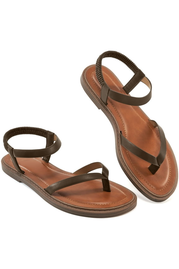 Sandals for Women Soft Leather Strappy Flat Sandals for Women with Elastic Strap