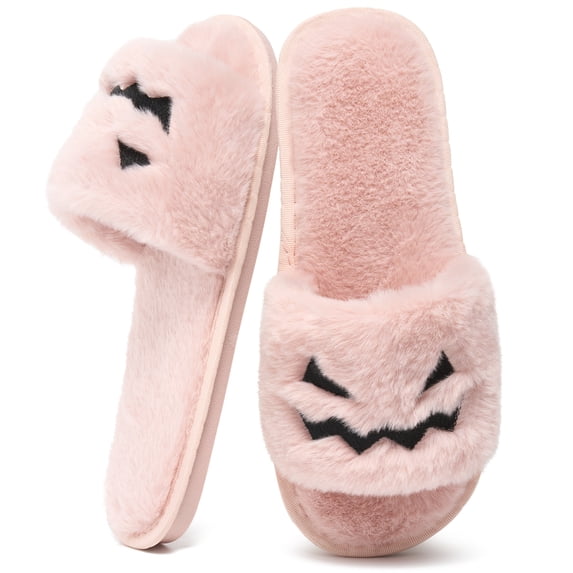 Ecetana Spooky Slides Halloween Slippers Soft Plush Cozy Open Toe Indoor Outdoor Fuzzy Slippers Gifts For Girls Women