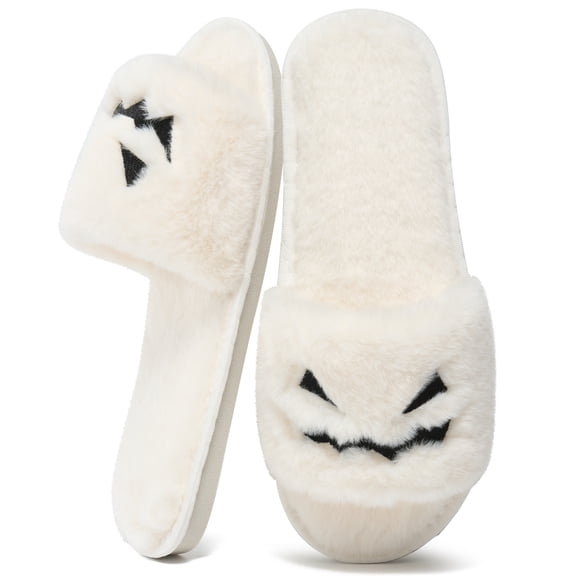 Ecetana Spooky Slides Halloween Slippers Soft Plush Cozy Open Toe Indoor Outdoor Fuzzy Slippers Gifts For Girls Women