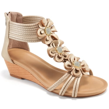 Ecetana Wedge Sandals for Women Floral Embellished Open-Toe Dressy Sandals with Zipper Summer Heeled Sandals