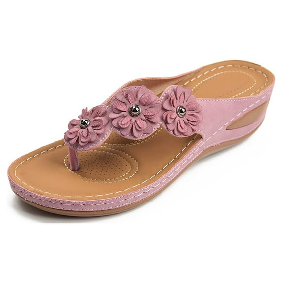 Ecetana Women Casual Wedge Sandals Comfortable Flower Flip-flops Summer Beach Sandals