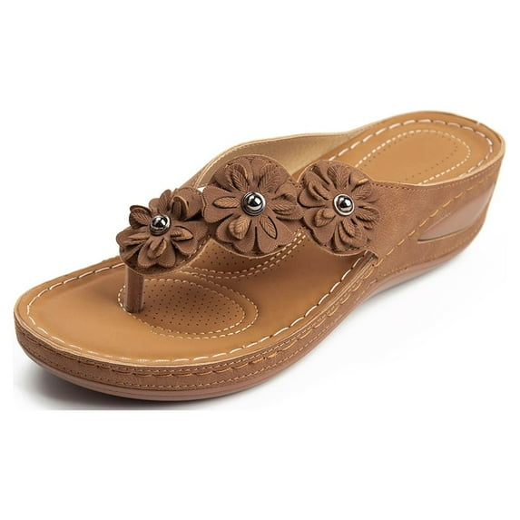 Ecetana Women Casual Wedge Sandals Comfortable Flower Flip-flops Summer Beach Sandals