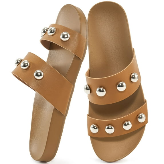 Ecetana Flat Sandals for Women Open Toe Summer Slide Sandals Double Strap Slip On Women's Sandals