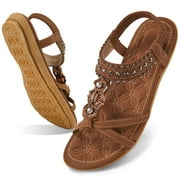 Ecetana Women Sandals Flats Sandals for Women Comfortable Elastic Ankle Strap Beach Shoes