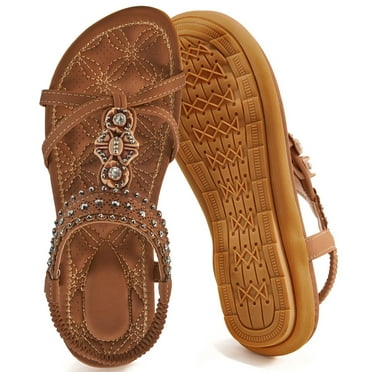 Ecetana Women Sandals Flats Sandals for Women Comfortable Elastic Ankle Strap Beach Shoes