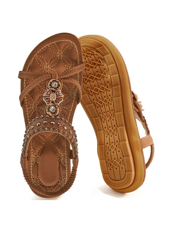 Women Sandals Flats Sandals for Women Comfortable Elastic Ankle Strap Beach Shoes
