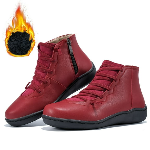 Ecetana Women Winter Snow Boots Side Zipper Leather Ankle Booties Comfortable Non-Slip Shoes