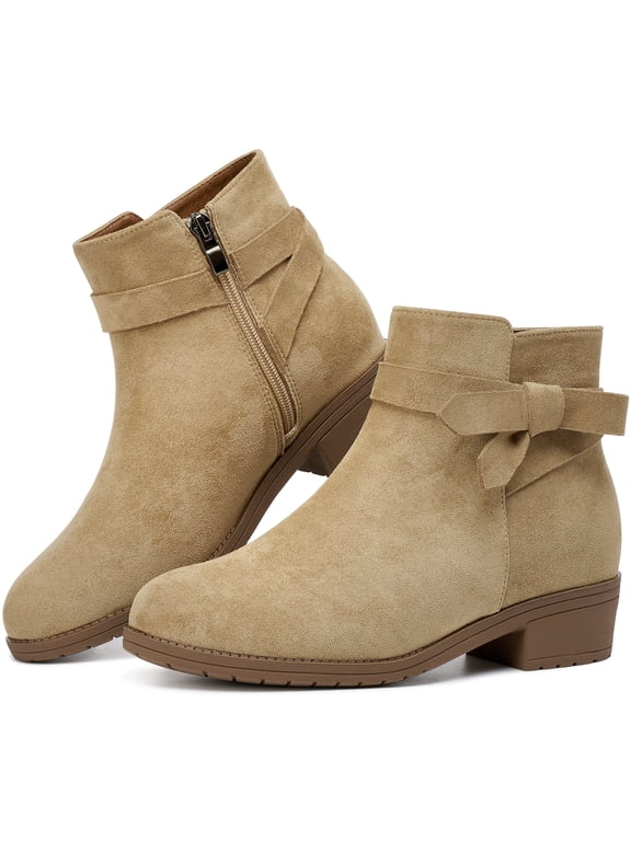 Women's Ankle Booties Suede Low Block Heel Casual Short Boots with Side Zipper