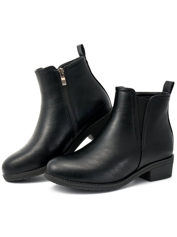 Women's Ankle Boots Low Heel Round Toe Chunky Short Booties with Side Zipper