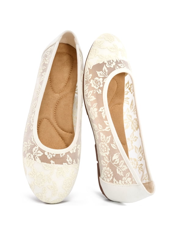 Women's Ballet Flats Round Toe Floral Lace Flats with Elastic Strap Casual Dressy Shoes