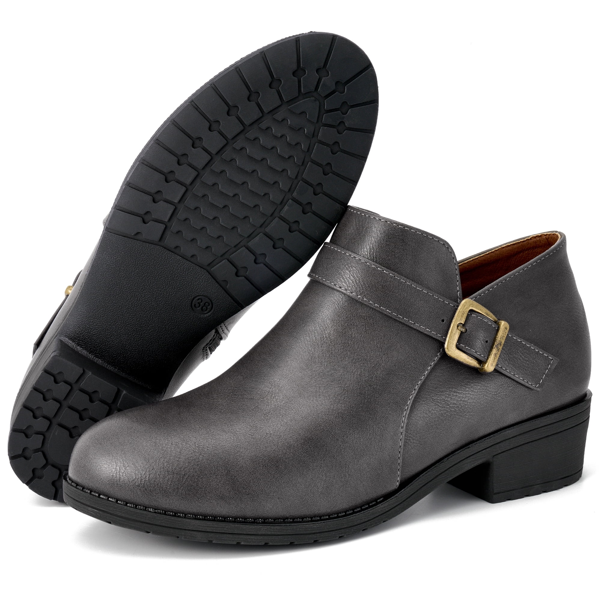 Ecetana Women's Chunky Low Heel Ankle Boots Round Toe Leather