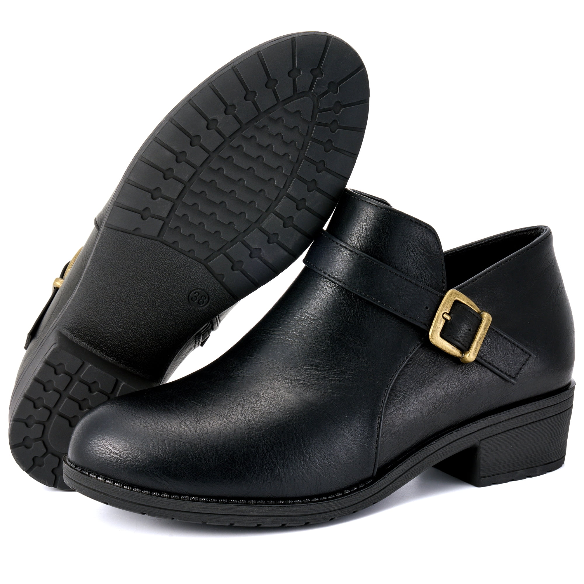 Ecetana Women's Chunky Low Heel Ankle Boots Round Toe Leather
