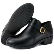 Ecetana Womens Chunky Low Heel Ankle Boots Round Toe Leather Western Short Booties with Side Zipper