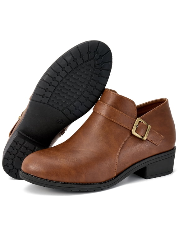 Women's Chunky Low Heel Ankle Boots Round Toe Leather Western Short Booties with Side Zipper