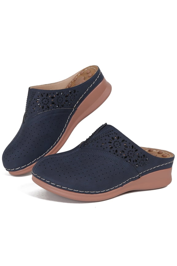 Women's Clogs Slip On Leather Mules Comfort Massage Closed Toe Wedge Sandals