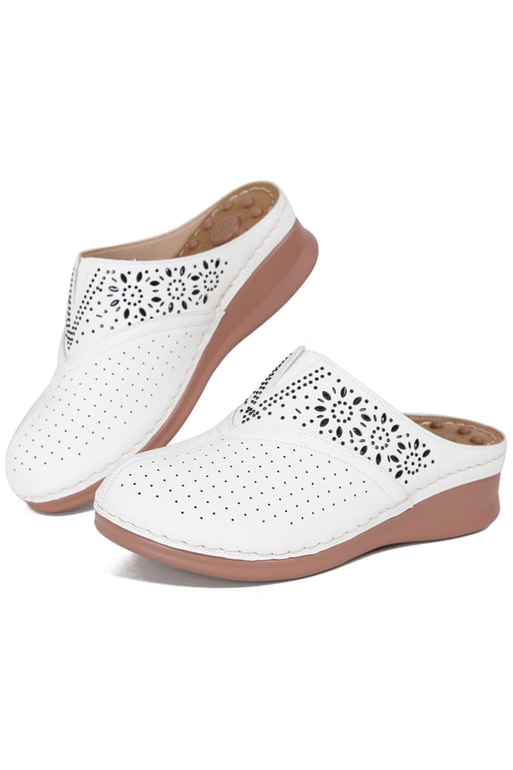 Women's Clogs Slip On Leather Mules Comfort Massage Closed Toe Wedge Sandals