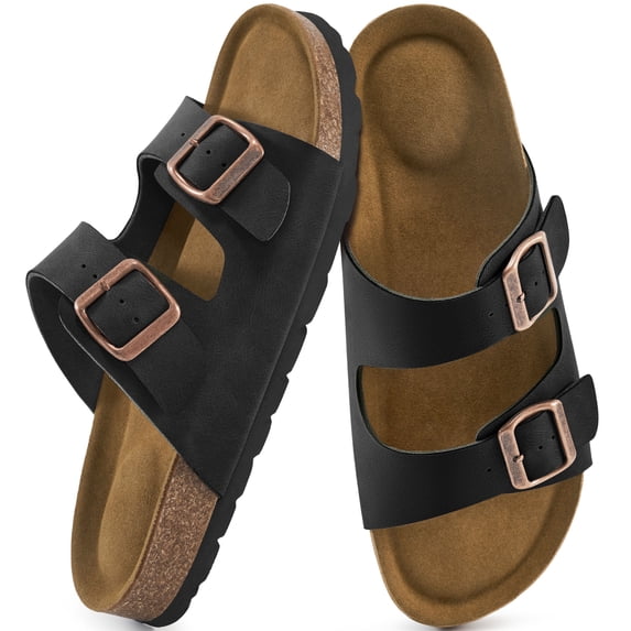 Ecetana Women's Cork Footbed Slide Sandals, Adjustable Double Buckle Open Toe Flat Sandals with Light Arch Support