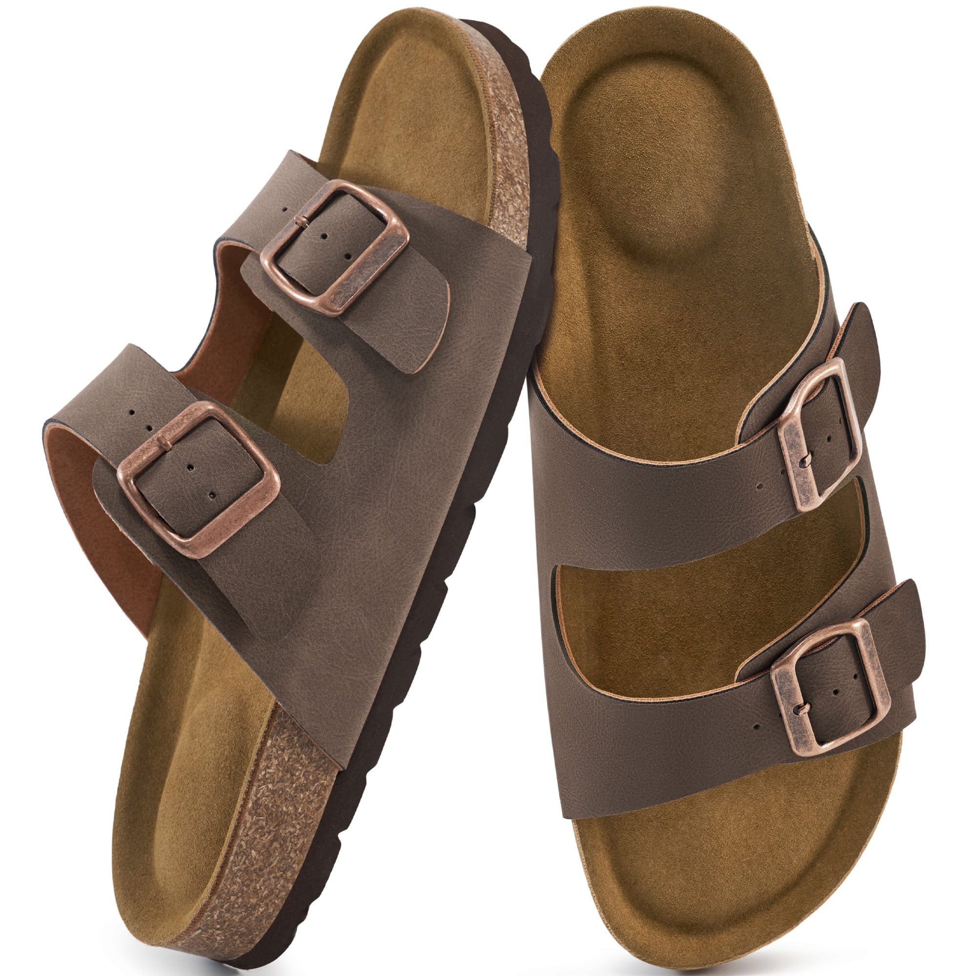 Women's Cork Footbed Slide Sandals, Adjustable Double Buckle Open Toe Flat Sandals with Light Arch Support