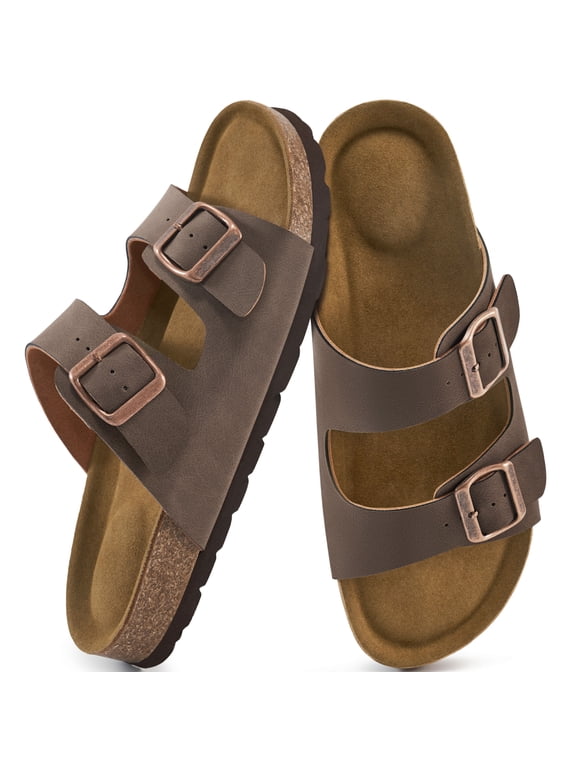 Women's Cork Footbed Slide Sandals, Adjustable Double Buckle Open Toe Flat Sandals with Light Arch Support