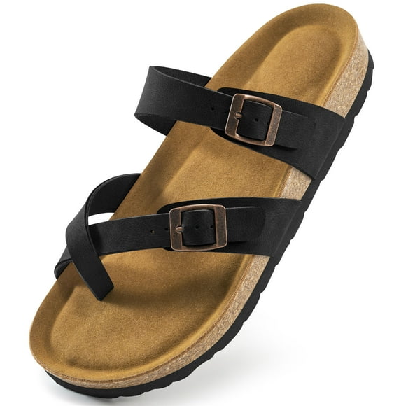 Ecetana Women's Cork Footbed Slide Sandals Clip Toe Leather Flat Sandals for Women with Arch Support