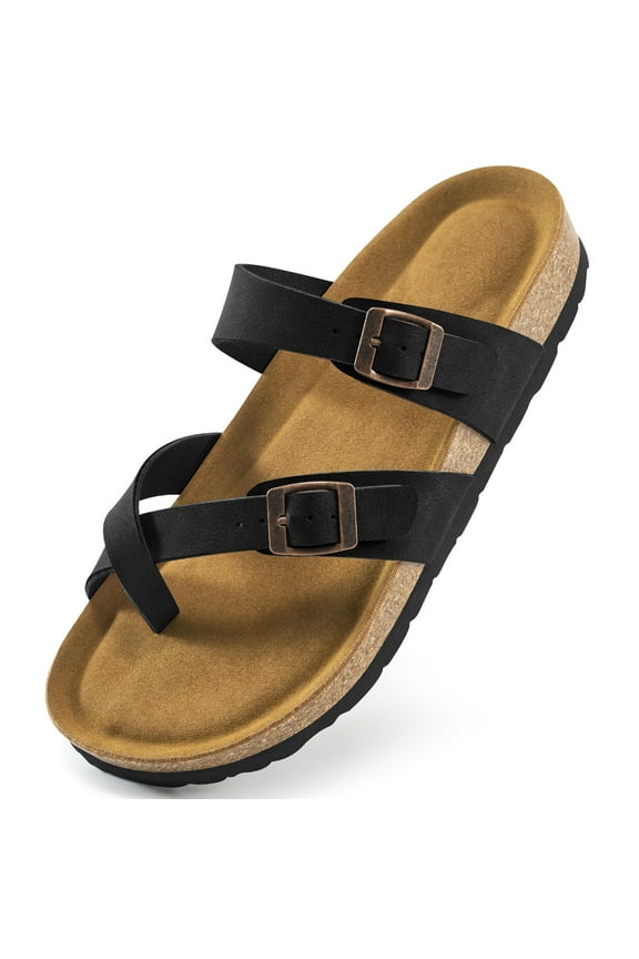 Women's Cork Footbed Slide Sandals Clip Toe Leather Flat Sandals for Women with Arch Support