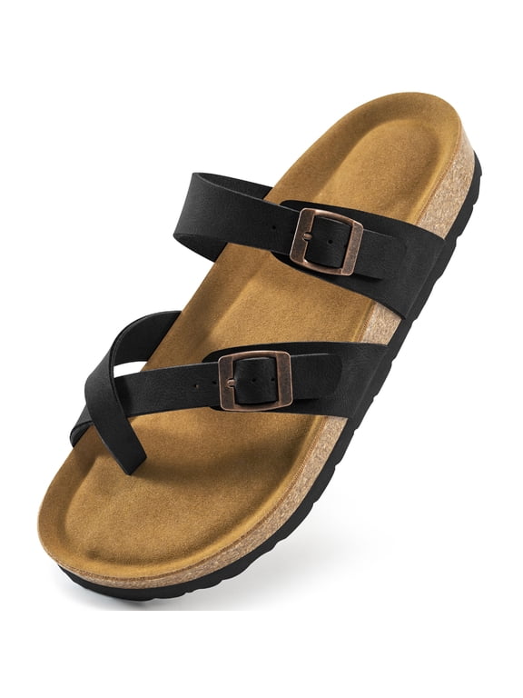 Women's Cork Footbed Slide Sandals Clip Toe Leather Flat Sandals for Women with Arch Support