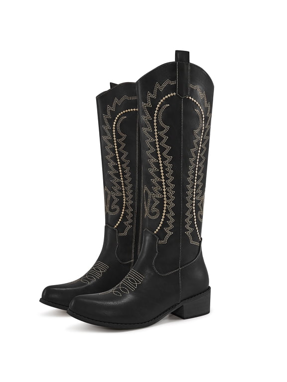 Women's Cowboy Boots Embroidered Western Cowgirl Boots Chunky Heels