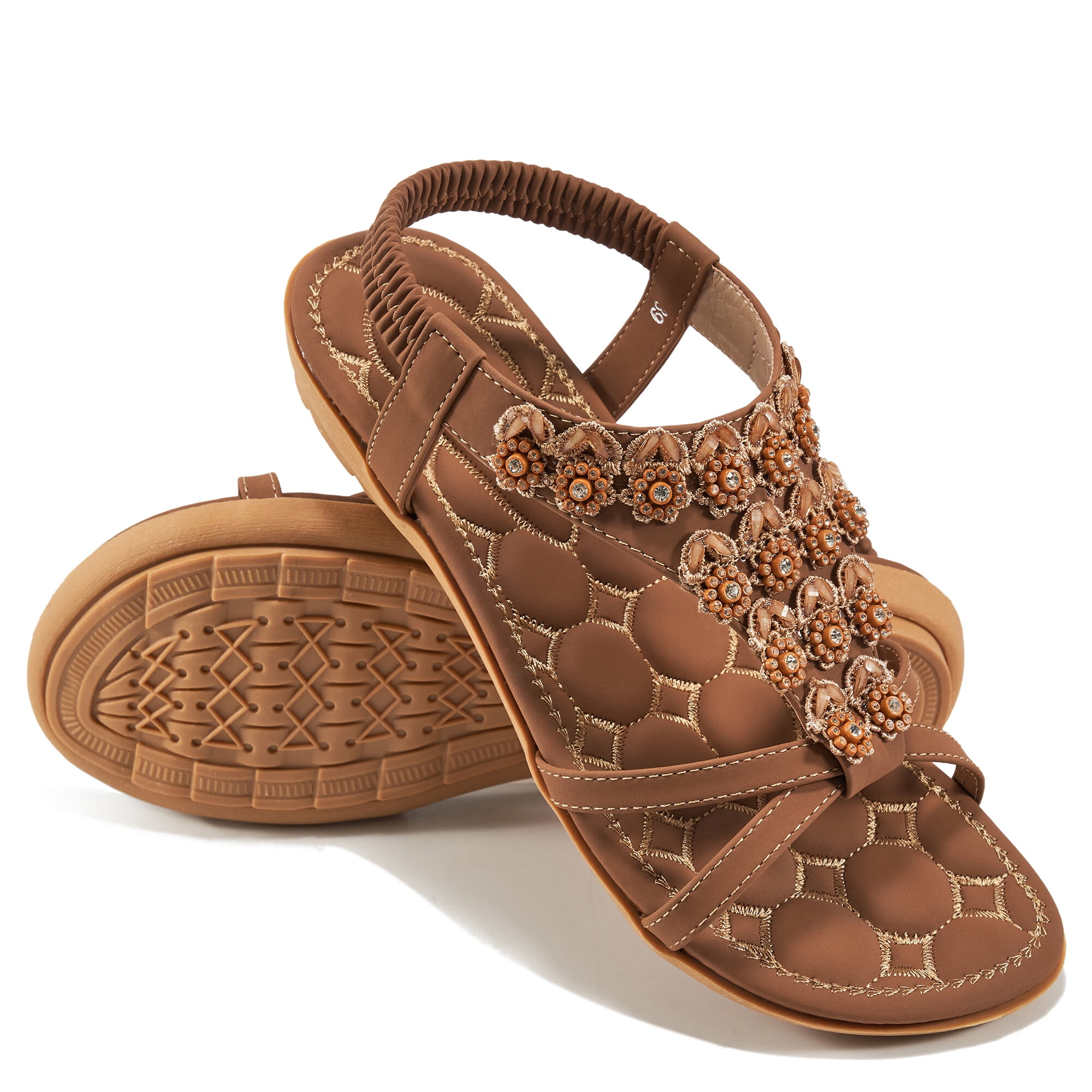 Ecetana Women's Leather Flat Sandals, Summer Casual Beach, Ankle Elastic, Jeweled Bohemian Shoes