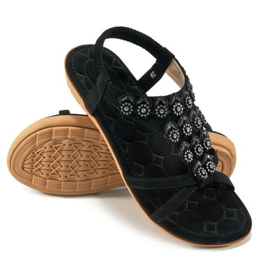 Ecetana Women's Flat Sandals Summer Casual Beach Sandal Ankle Elastic Jeweled Bohemian Shoes