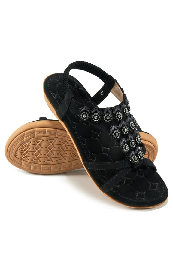 Women's Flat Sandals Summer Casual Beach Sandal Ankle Elastic Jeweled Bohemian Shoes