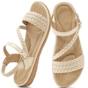 Ecetana Womens Flat Sandals Woven Open Toe Casual Summer Sandals for Beach Walking Daily Outdoor