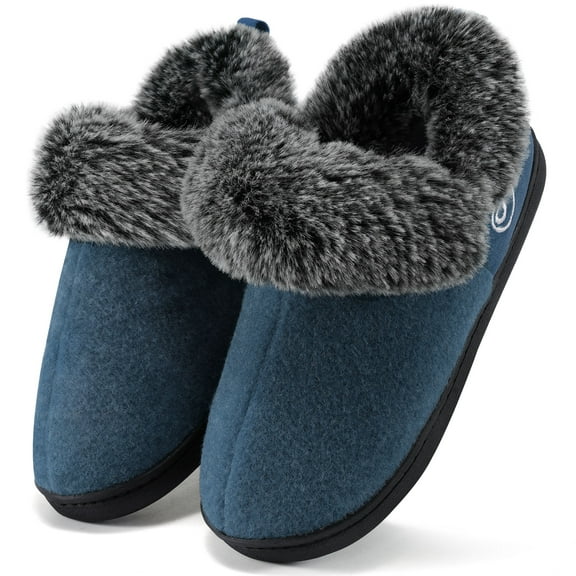 Ecetana Women's Fuzzy Memory Foam Closed Back Slippers Faux Fur Lined House Shoes